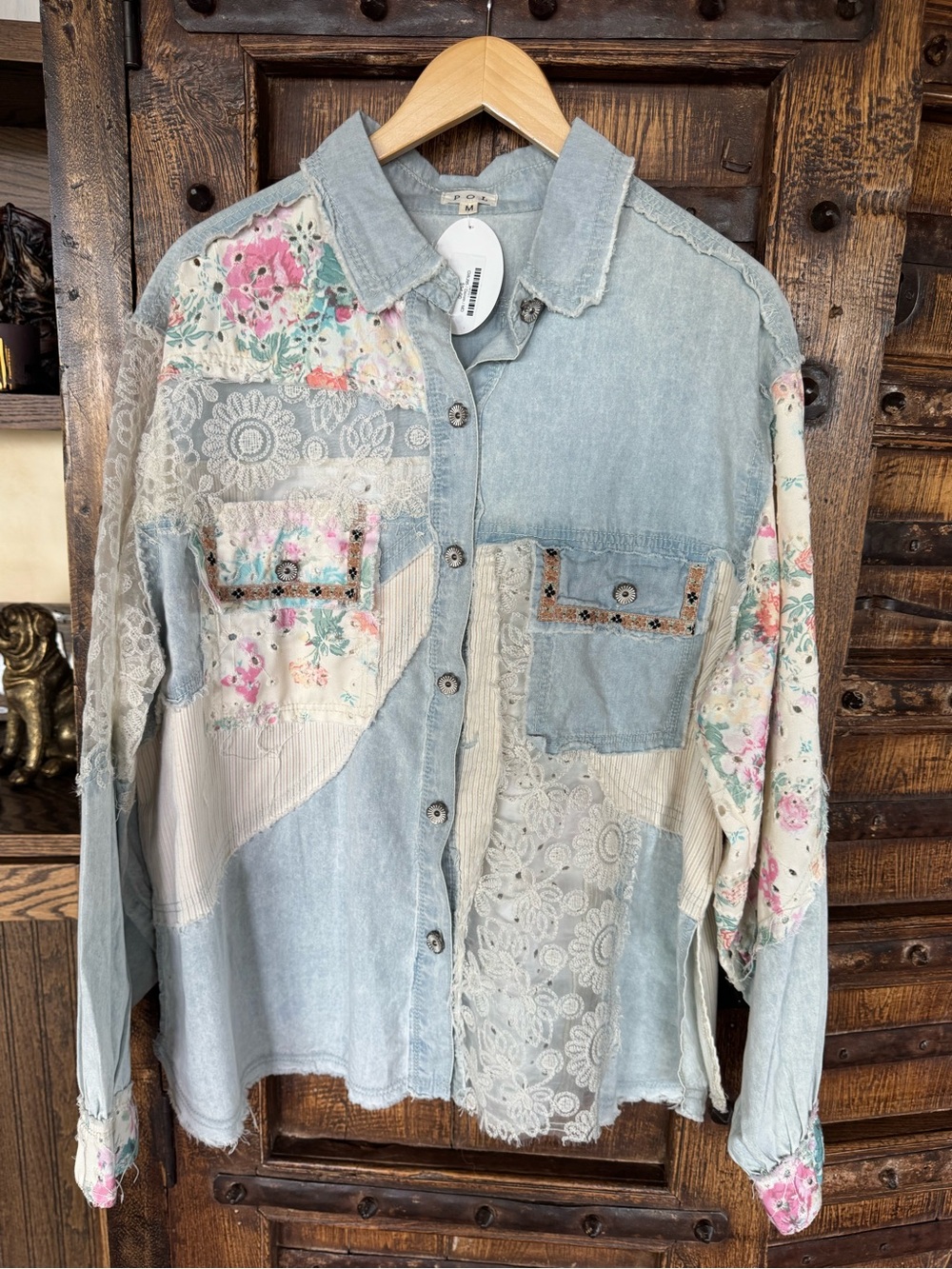 POL Patchwork Light Wash Denim Button-Up Shirt with Floral & Lace